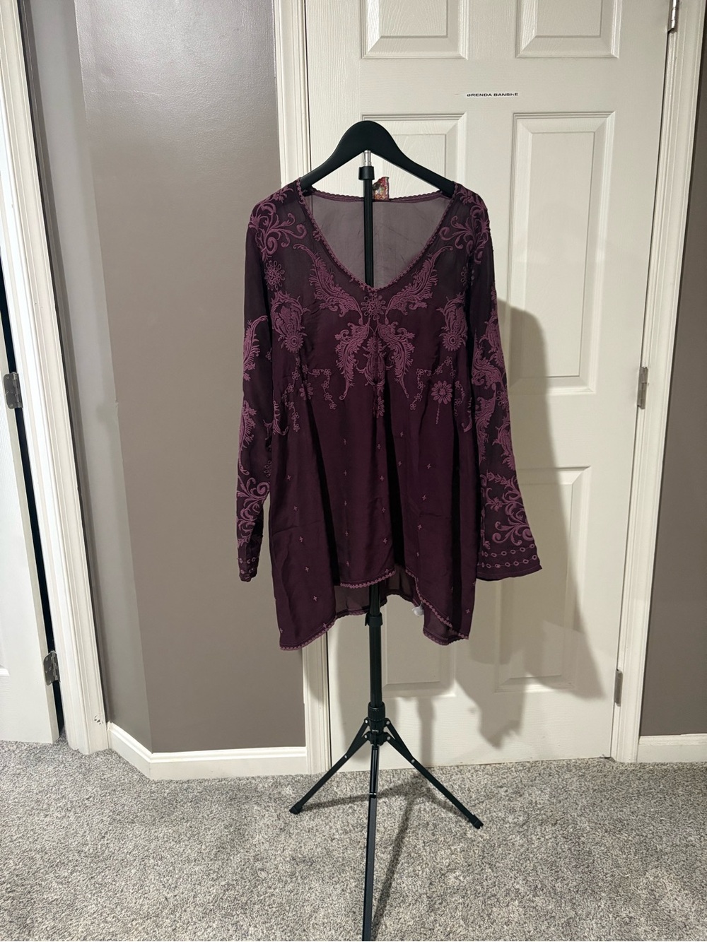 Johnny Was Plum Purple Embroidered Sheer Tunic Top XL